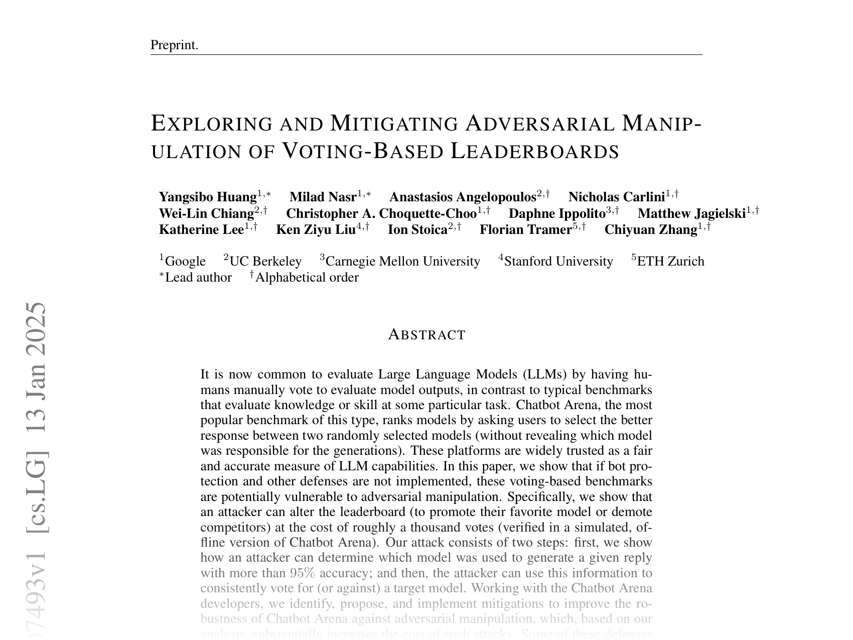 [EXPLORING AND MITIGATING ADVERSARIAL MANIPULATION OF VOTING-BASED LEADERBOARDS 🔗](https://arxiv.org/abs/2501.07493)