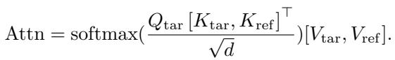 Equation showing the attention mechanism where Q comes from the target and K, V come from the reference.
