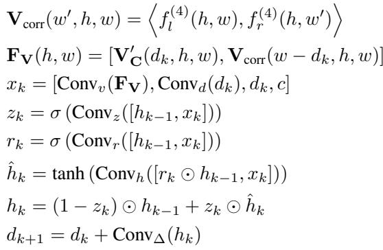 Equations describing the iterative GRU refinement process.