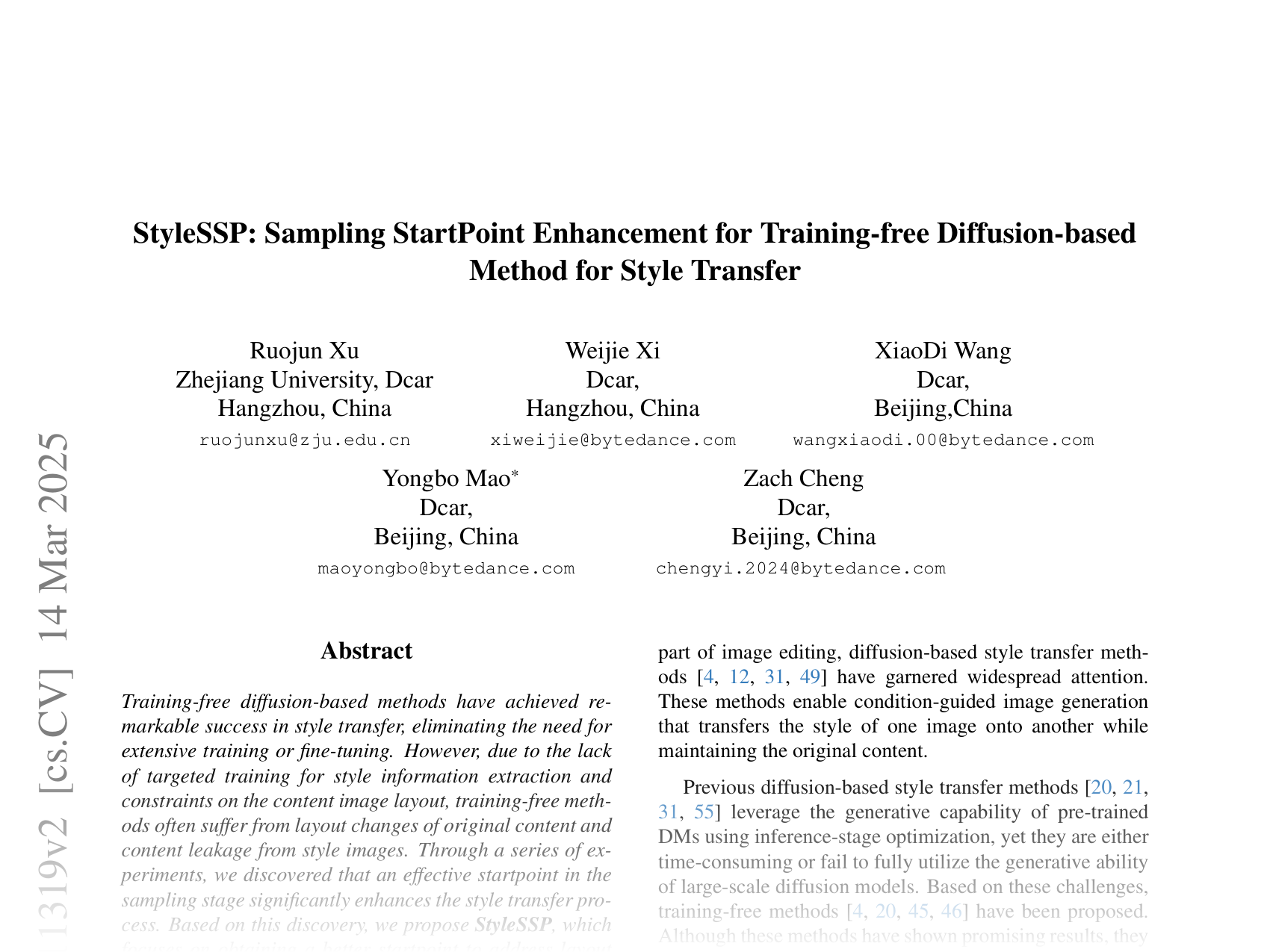 [StyleSSP: Sampling StartPoint Enhancement for Training-free Diffusion-based Method for Style Transfer 🔗](https://arxiv.org/abs/2501.11319)