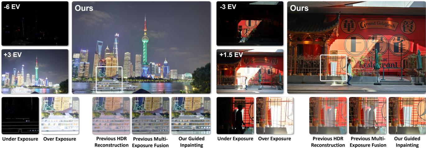 Comparison of UltraFusion with previous methods on extreme 9-stop dynamic range scenes.