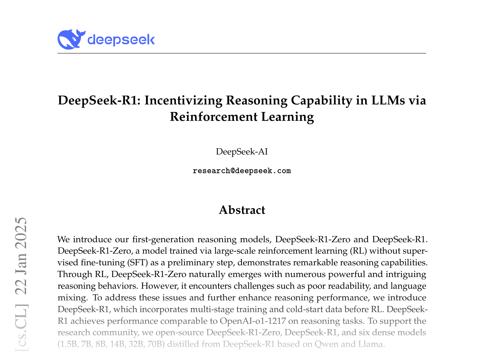 [DeepSeek-R1: Incentivizing Reasoning Capability in LLMs via Reinforcement Learning 🔗](https://arxiv.org/abs/2501.12948)