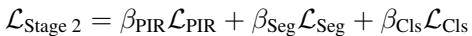 Equation for Stage 2 specific loss combining PIR, Segmentation, and Classification.