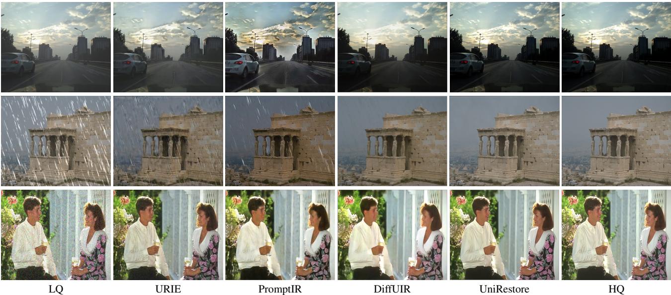 Qualitative comparison of visual restoration results.