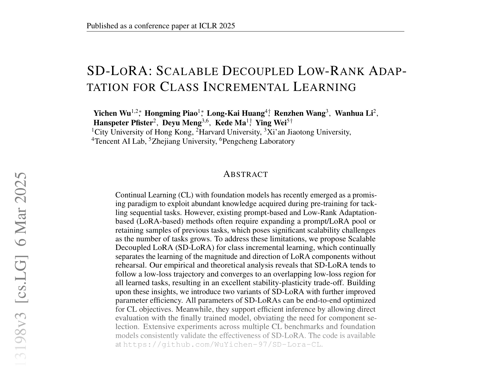 [SD-LORA: SCALABLE DECOUPLED LOW-RANK ADAPTATION FOR CLASS INCREMENTAL LEARNING 🔗](https://arxiv.org/abs/2501.13198)
