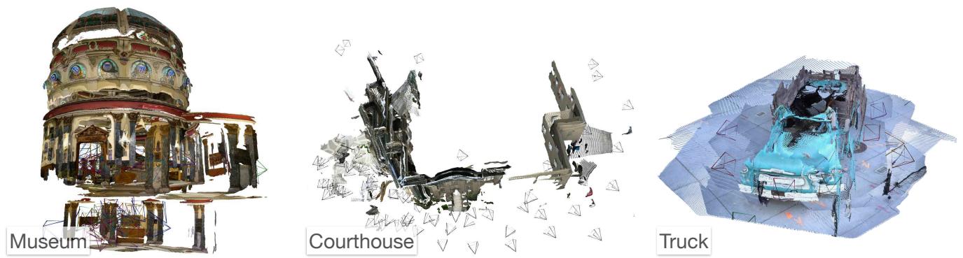 Failure cases on the Tanks & Temples dataset. Misalignments can occur due to retrieval failures or dynamic objects.