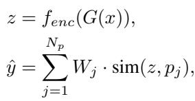 Equations for prototype-based models, showing the encoding of an input and the final prediction as a weighted sum of similarities to learned prototypes.