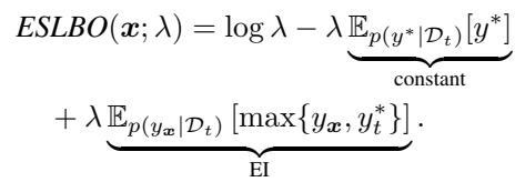 ESLBO under exponential assumption equals log lambda minus constant plus Expected Improvement.