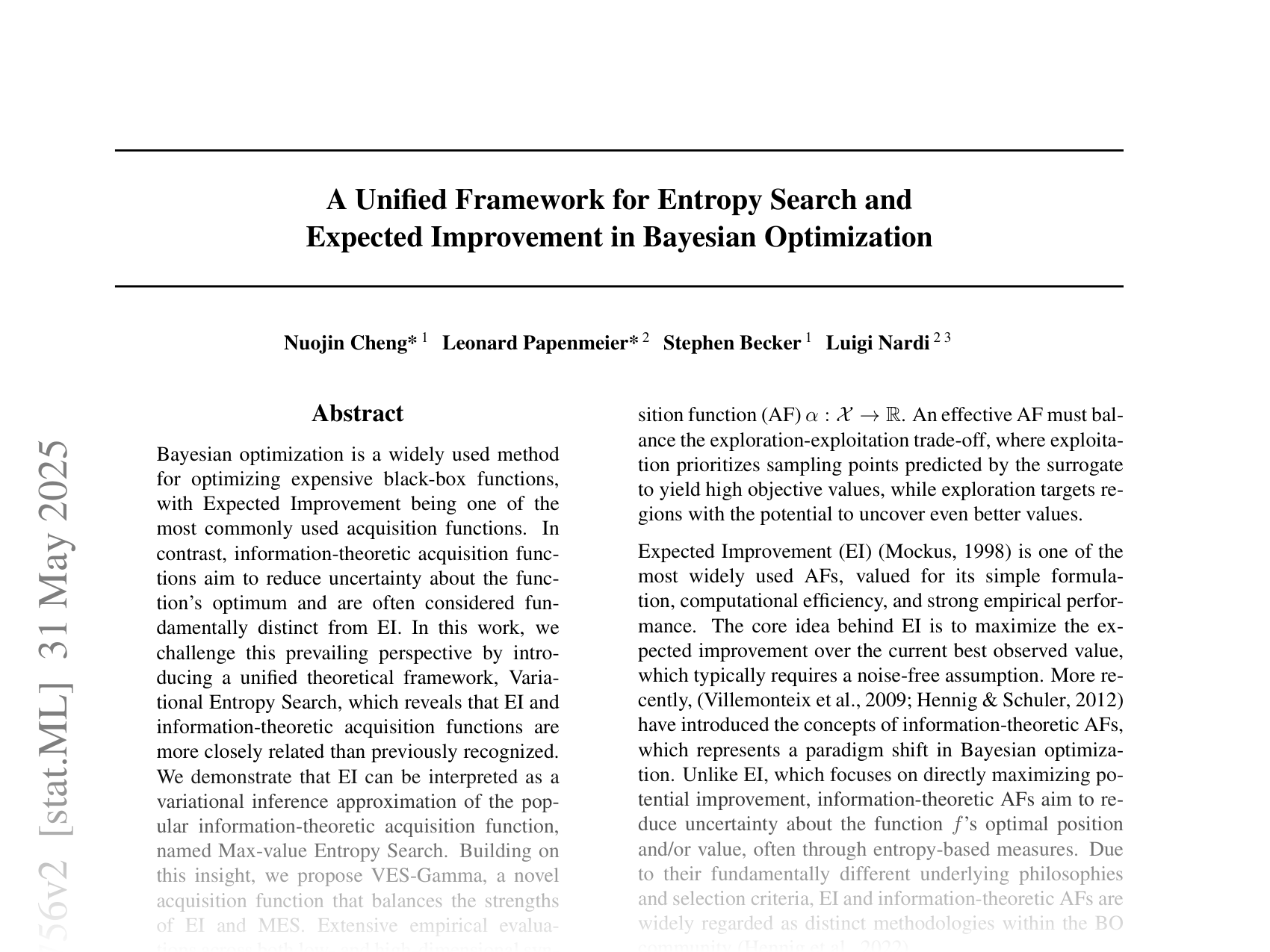 [A Unified Framework for Entropy Search and Expected Improvement in Bayesian Optimization 🔗](https://arxiv.org/abs/2501.18756)