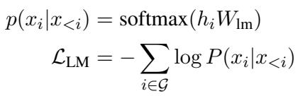 公式 2: 语言建模目标函数，仅对选中 Token 求和损失。