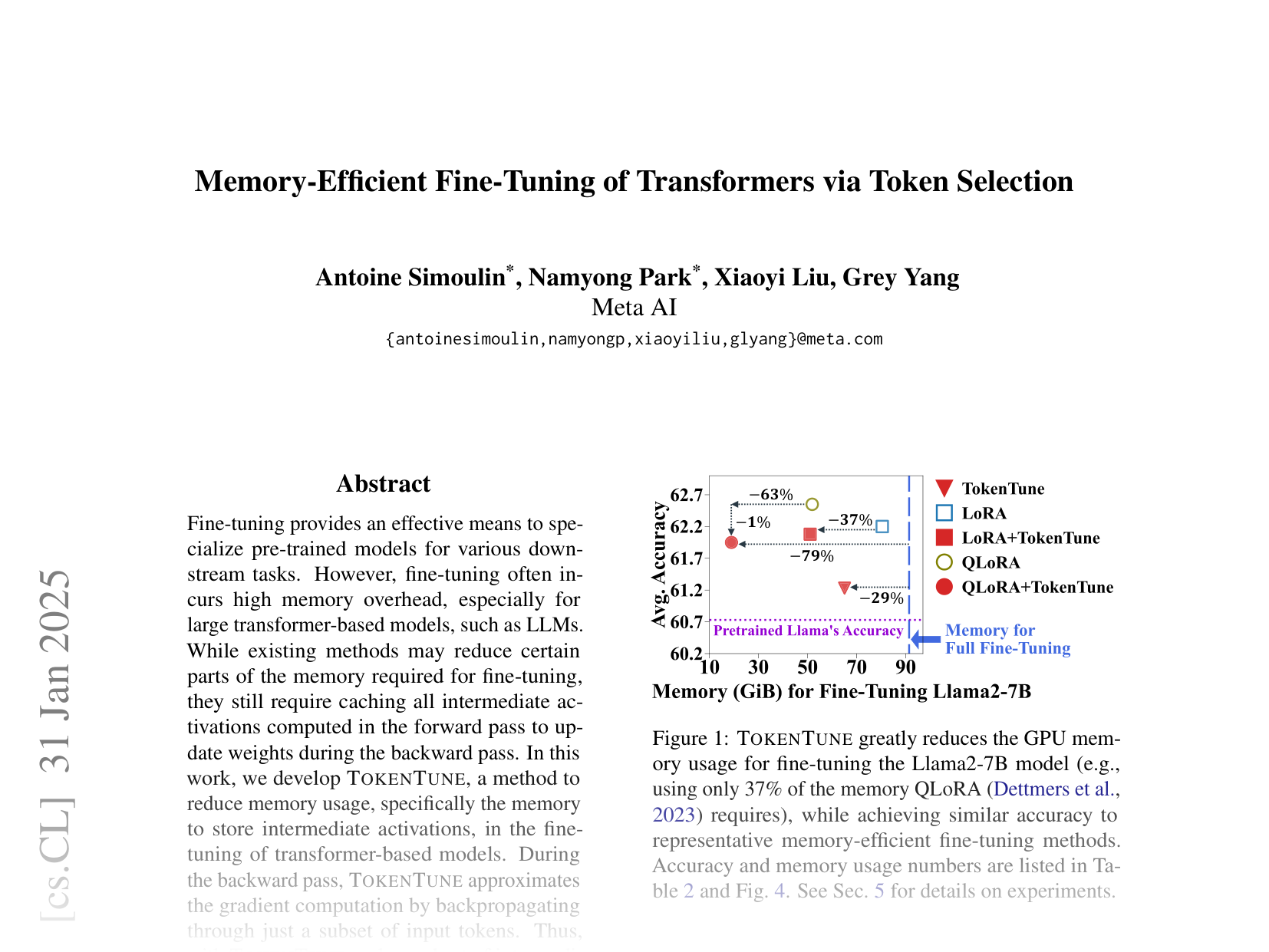 [Memory-Efficient Fine-Tuning of Transformers via Token Selection 🔗](https://arxiv.org/abs/2501.18824)