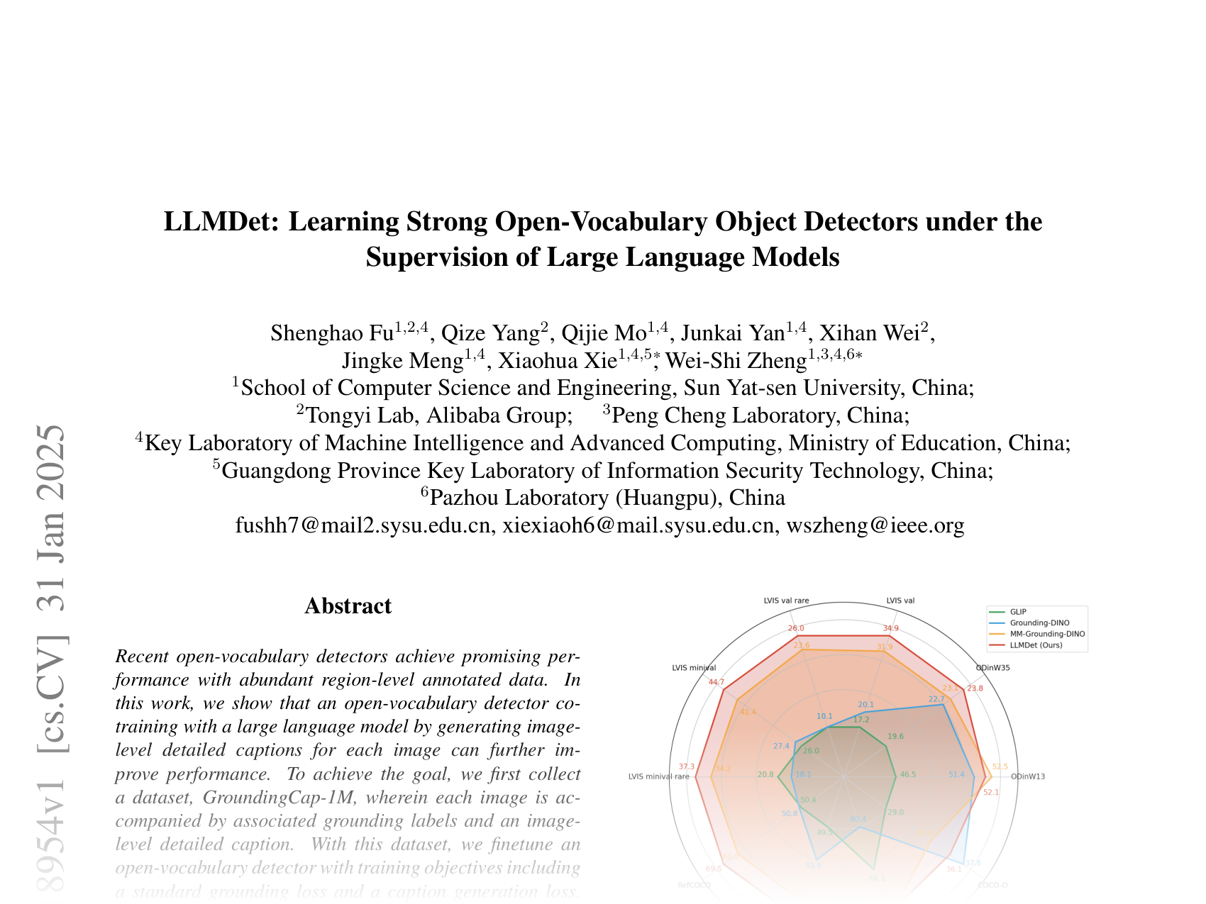 [LLMDet: Learning Strong Open-Vocabulary Object Detectors under the Supervision of Large Language Models 🔗](https://arxiv.org/abs/2501.18954)