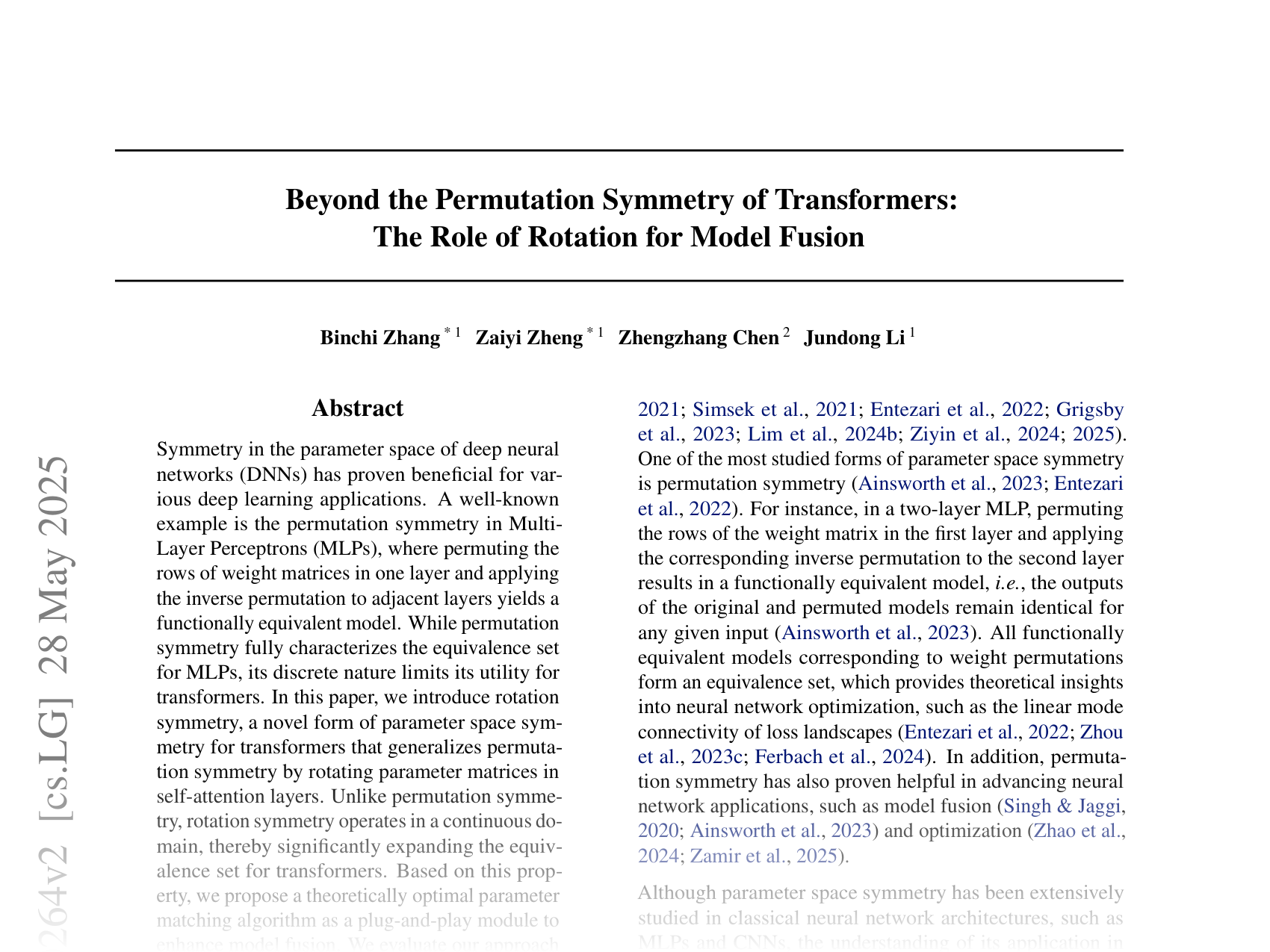 [Beyond the Permutation Symmetry of Transformers: The Role of Rotation for Model Fusion 🔗](https://arxiv.org/abs/2502.00264)