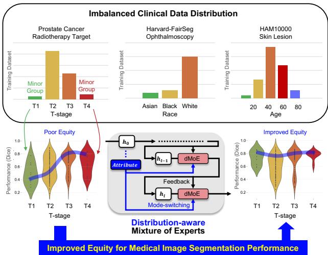 Figure 1 illustrating the problem of data imbalance and how dMoE addresses equity. Top: Histograms show skewed distributions for Prostate Cancer (T-stage), Ophthalmology (Race), and Skin Lesions (Age). Middle: Violin plots show how dMoE flattens the performance variance across groups compared to poor equity models.