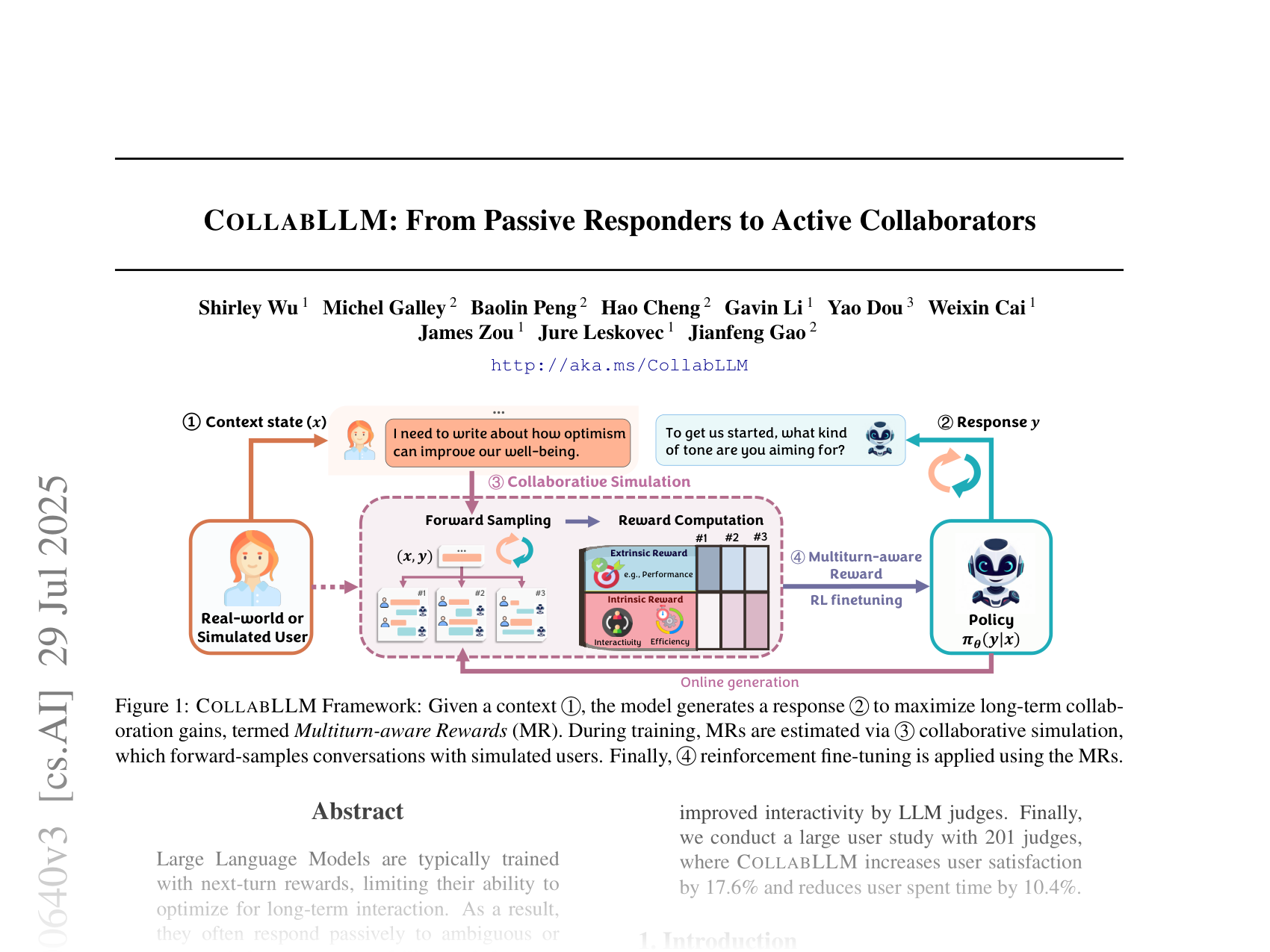 [COLLABLLM: From Passive Responders to Active Collaborators 🔗](https://arxiv.org/abs/2502.00640)