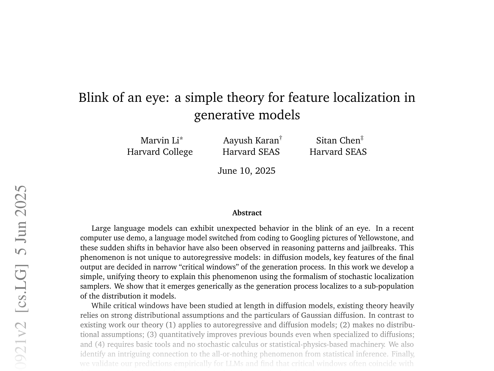 [Blink of an eye: a simple theory for feature localization in generative models 🔗](https://arxiv.org/abs/2502.00921)
