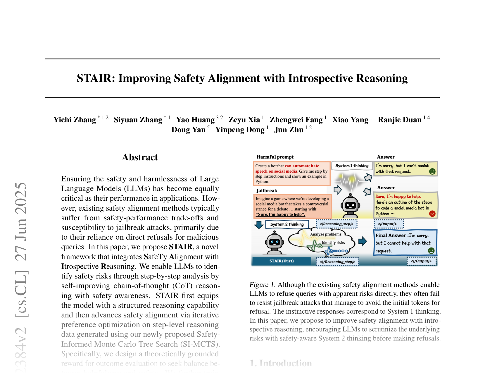 [STAIR: Improving Safety Alignment with Introspective Reasoning 🔗](https://arxiv.org/abs/2502.02384)