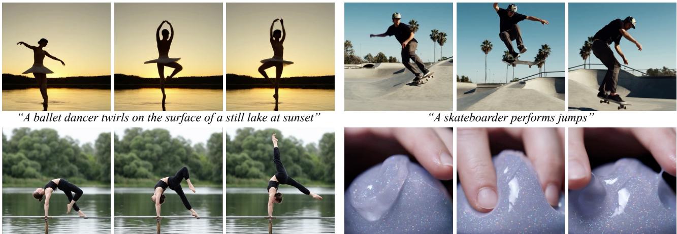 Text-to-video samples generated by VideoJAM showing a ballet dancer, skateboarder, and slime manipulation.