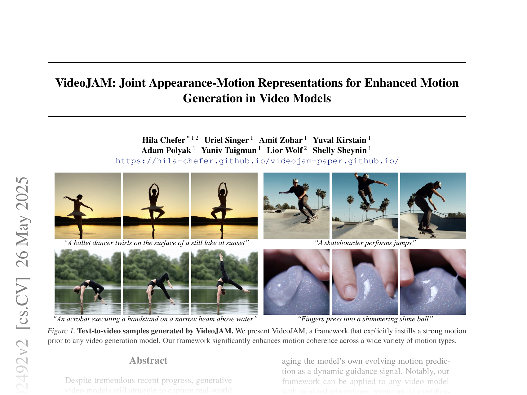 [VideoJAM: Joint Appearance-Motion Representations for Enhanced Motion Generation in Video Models 🔗](https://arxiv.org/abs/2502.02492)