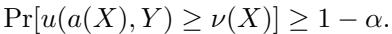 Probability inequality showing that utility is greater than or equal to nu with probability 1 minus alpha.