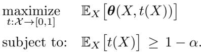 Optimization problem maximizing expected theta subject to expected coverage greater than 1 minus alpha.