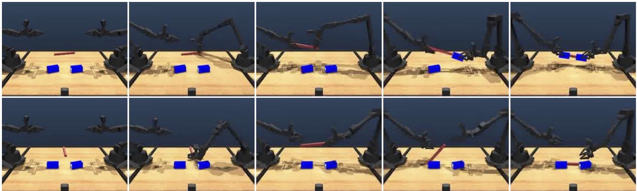 Top: Successful diffusion policy conditioned on a STRING-enhanced Transformer vision encoder. Bottom: Failure with a regular encoder.