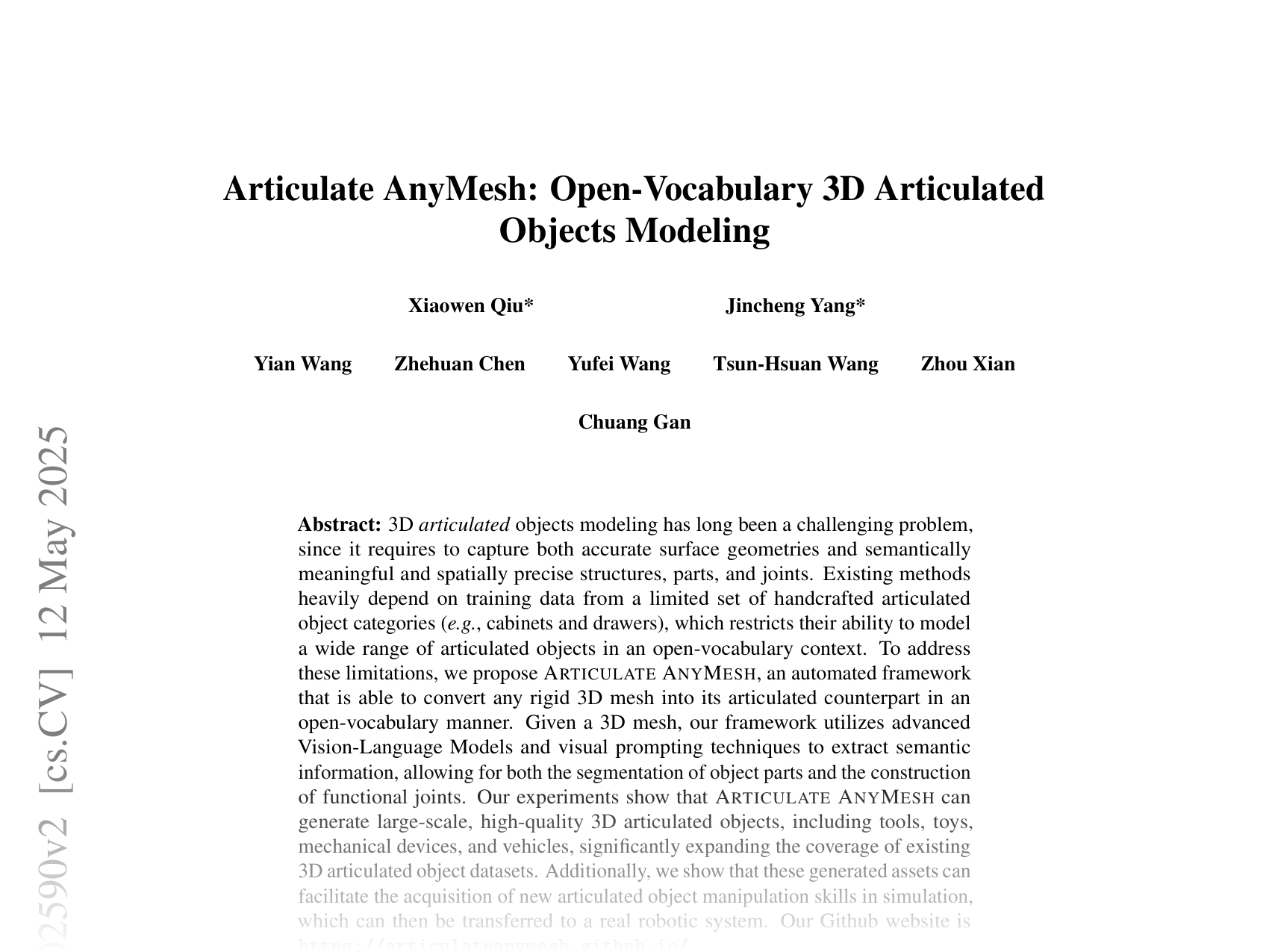 [Articulate AnyMesh: Open-Vocabulary 3D Articulated Objects Modeling 🔗](https://arxiv.org/abs/2502.02590)