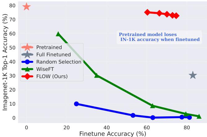 Scatter plot showing the trade-off between finetuning accuracy and pre-trained accuracy.