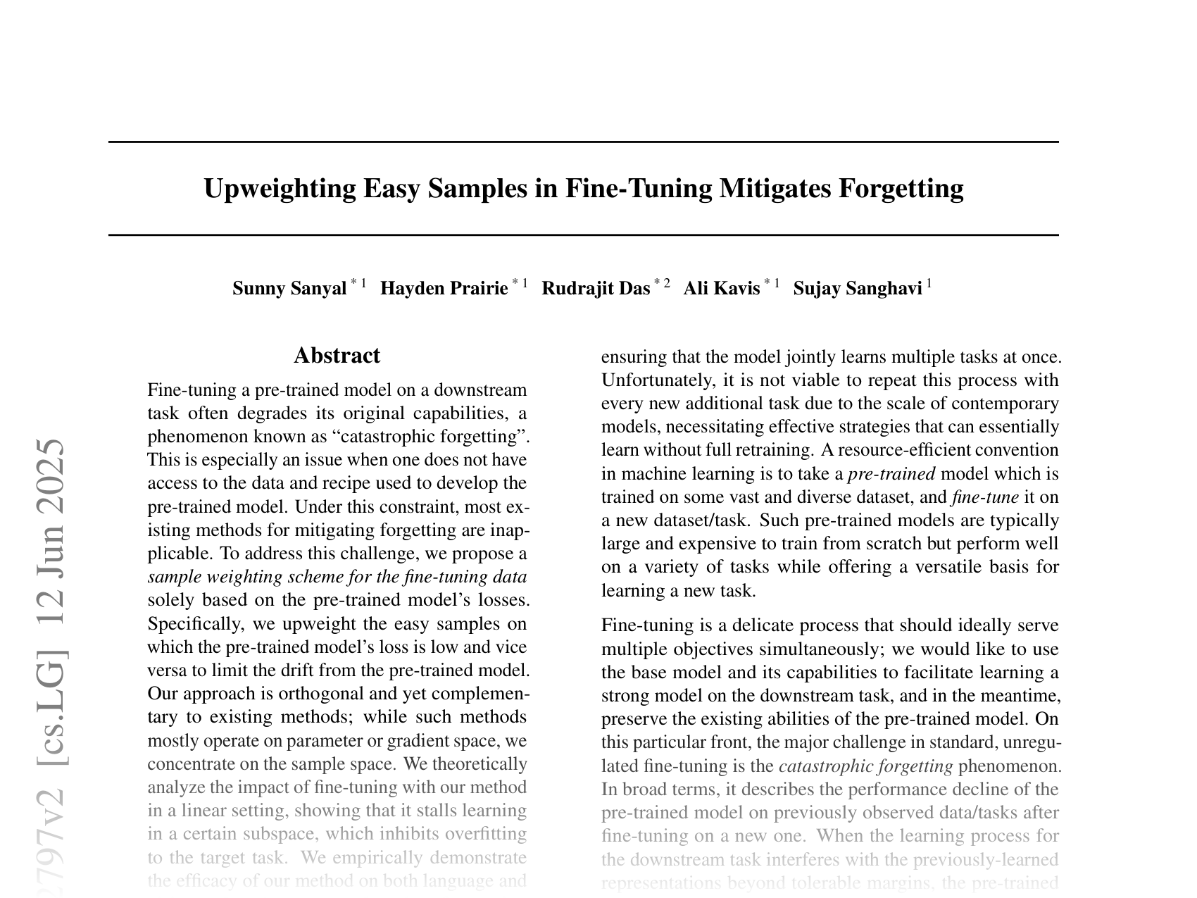 [Upweighting Easy Samples in Fine-Tuning Mitigates Forgetting 🔗](https://arxiv.org/abs/2502.02797)