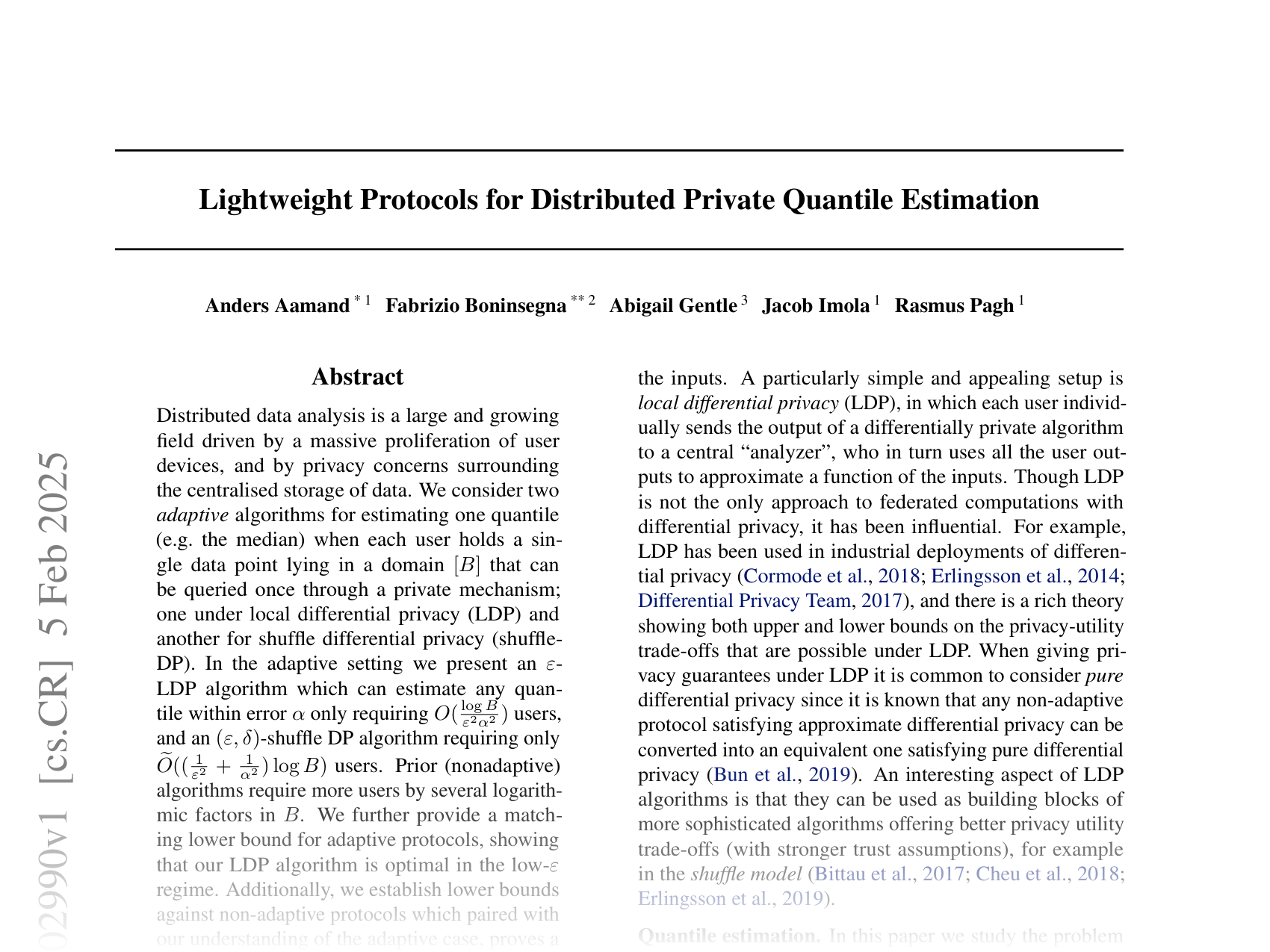 [Lightweight Protocols for Distributed Private Quantile Estimation 🔗](https://arxiv.org/abs/2502.02990)