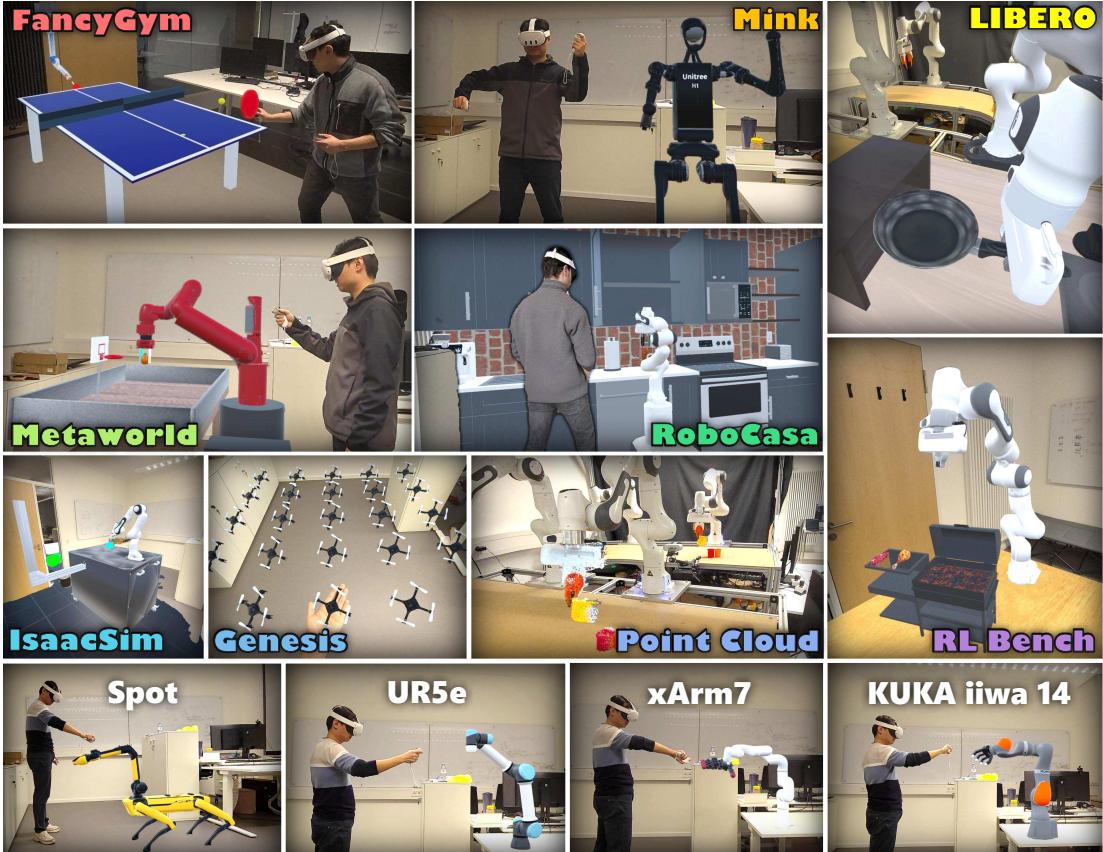Figure 1: We present IRIS, an Immersive Robot Interaction System designed to support various simulators and real-world scenarios.