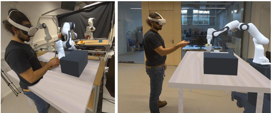 Figure 14: This image illustrates examples of using two interfaces to control robots in simulation: Kinesthetic Teaching (left) and Motion Controller (right), shown from a third-person perspective.