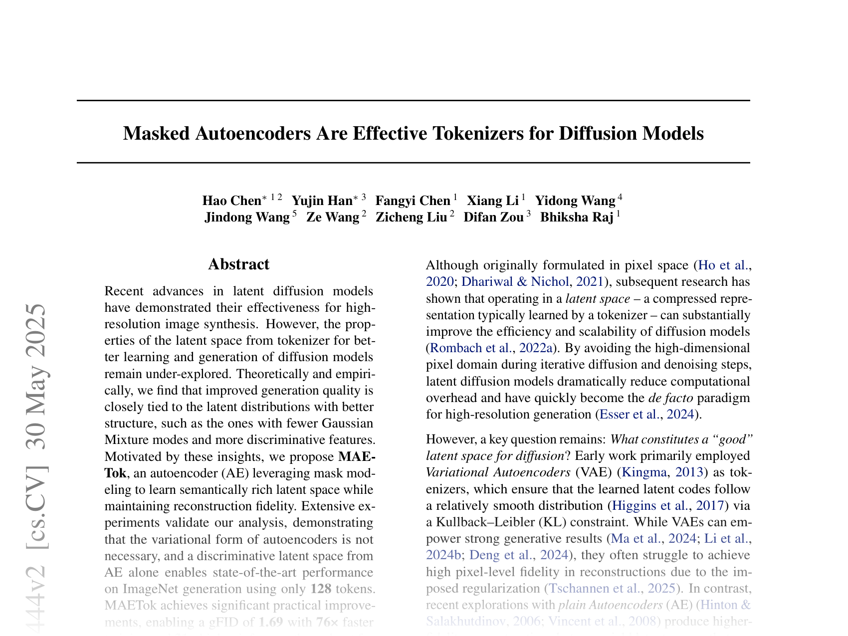 [Masked Autoencoders Are Effective Tokenizers for Diffusion Models 🔗](https://arxiv.org/abs/2502.03444)