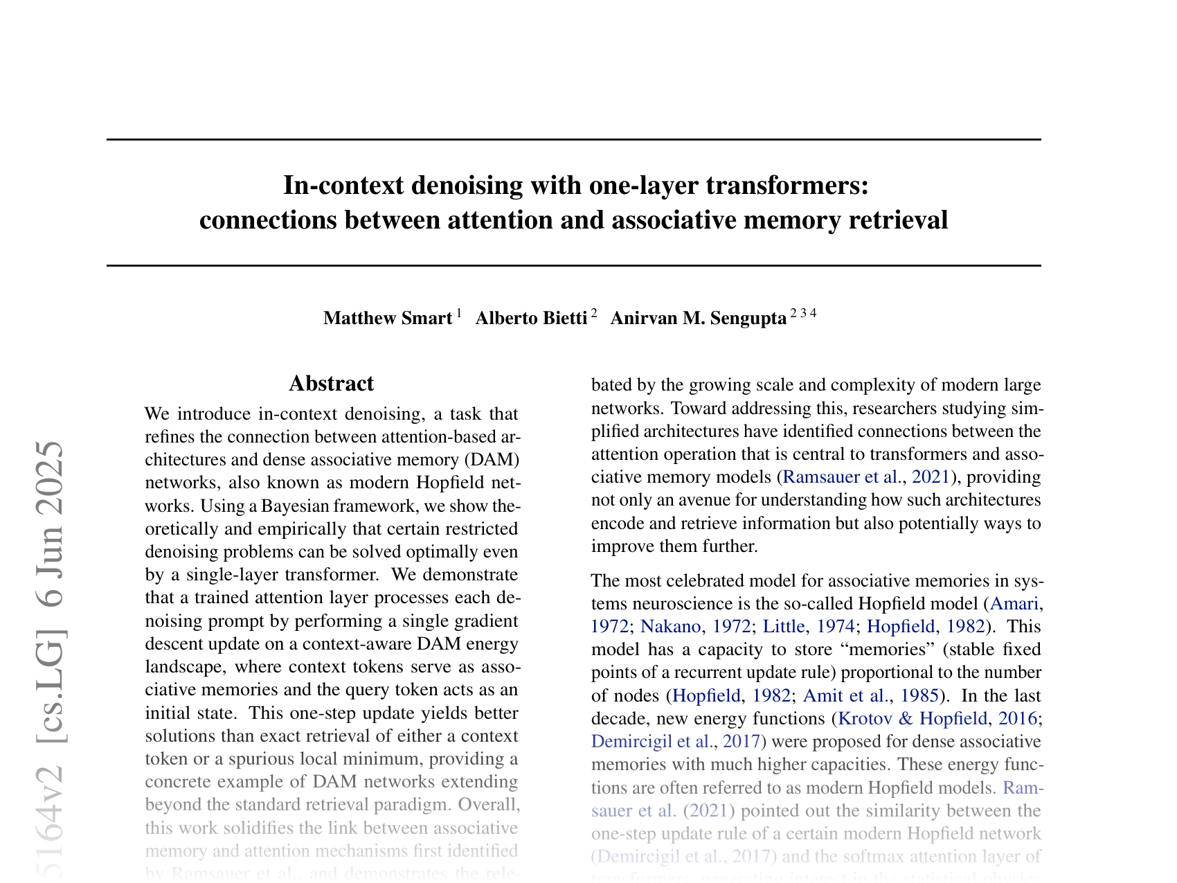 [In-context denoising with one-layer transformers: connections between attention and associative memory retrieval 🔗](https://arxiv.org/abs/2502.05164)