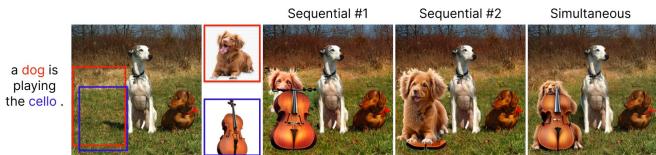 Figure 2. Comparison of simultaneous vs. sequential object compositing. Sequential addition prevents reposing of previously composited objects, resulting in limited, less cohesive compositions.