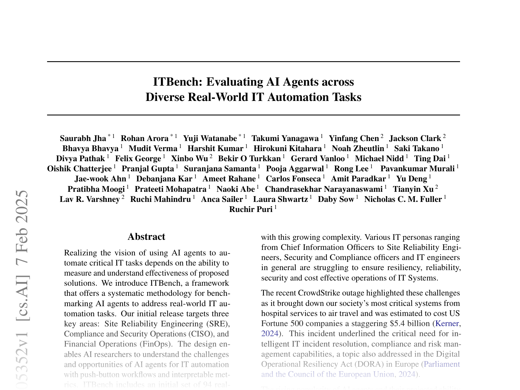 [ITBench: Evaluating AI Agents across Diverse Real-World IT Automation Tasks 🔗](https://arxiv.org/abs/2502.05352)