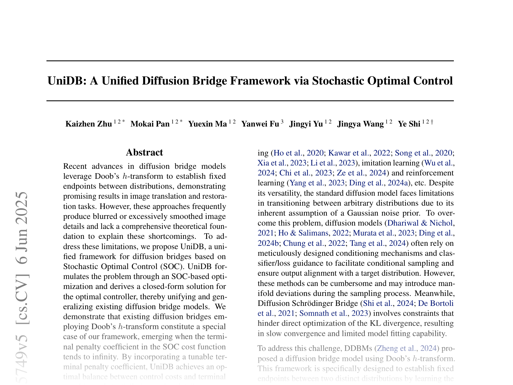 [UniDB: A Unified Diffusion Bridge Framework via Stochastic Optimal Control 🔗](https://arxiv.org/abs/2502.05749)