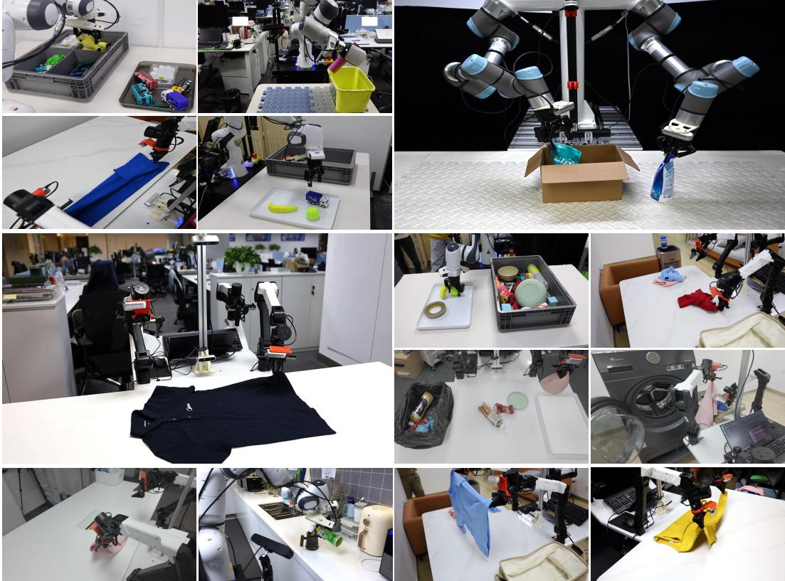 Figure 1: Dexterous skills in diverse tasks and scenarios. Our proposed Dex VLA method enables generalized dexterous manipulation across multiple embodiments in diverse scenarios.