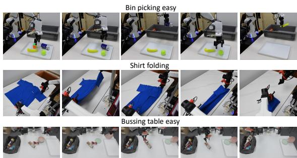 Figure 5: Examples of tasks without task-specific adaptation.We assessed our model&rsquo;s performance after stage 2 training using three tasks:bin-picking easy (top), shirt folding (middle),and table bussing easy (bottom).