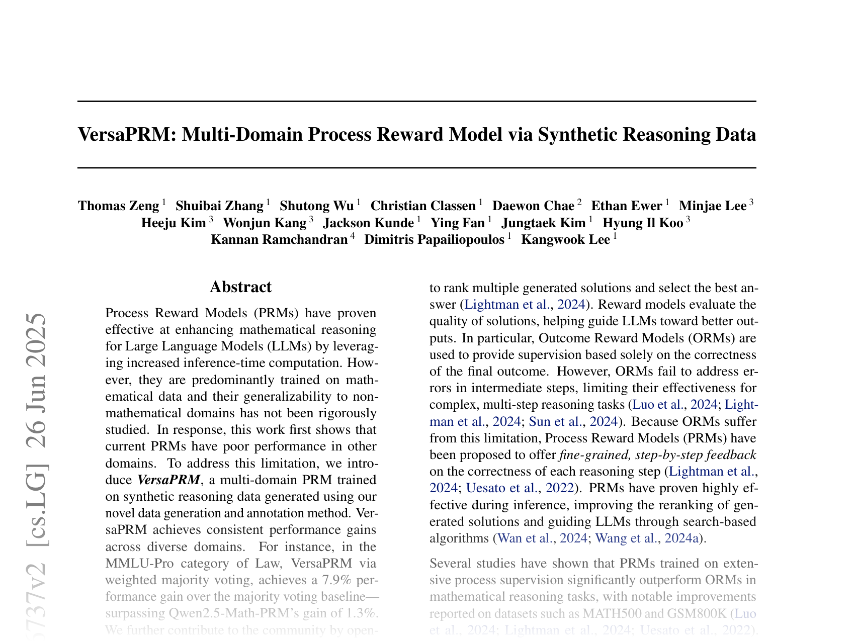 [VersaPRM: Multi-Domain Process Reward Model via Synthetic Reasoning Data 🔗](https://arxiv.org/abs/2502.06737)