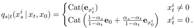 The reverse process equation describing how tokens are unmasked.
