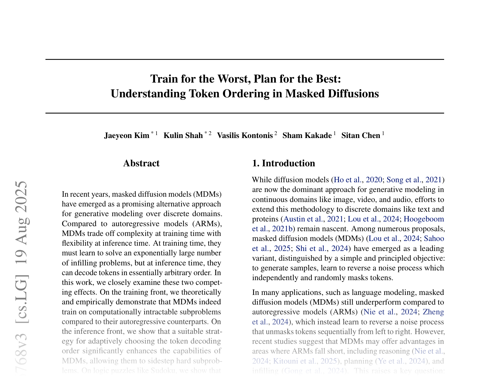 [Train for the Worst, Plan for the Best: Understanding Token Ordering in Masked Diffusions 🔗](https://arxiv.org/abs/2502.06768)