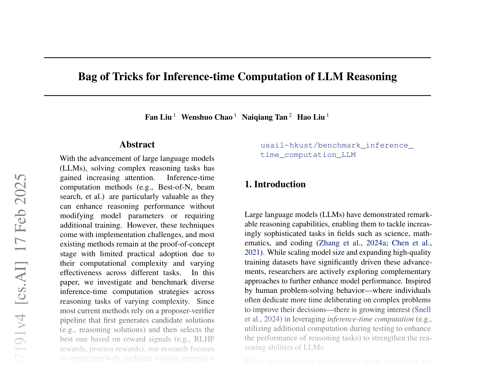 [Bag of Tricks for Inference-time Computation of LLM Reasoning 🔗](https://arxiv.org/abs/2502.07191)