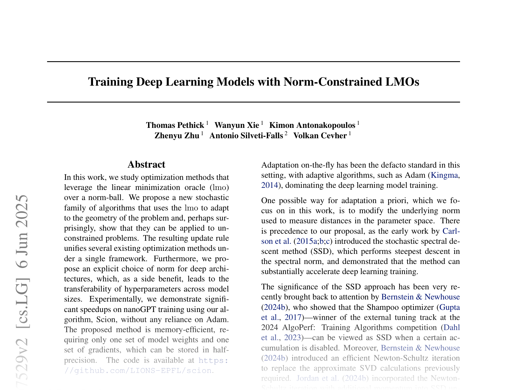 [Training Deep Learning Models with Norm-Constrained LMOs 🔗](https://arxiv.org/abs/2502.07529)
