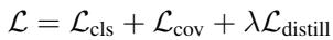 Equation for the total loss function, combining classification, covariance, and distillation losses.