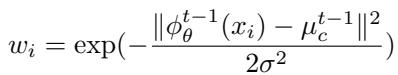 Equation 9 defining the weight calculation based on distance from the class mean.
