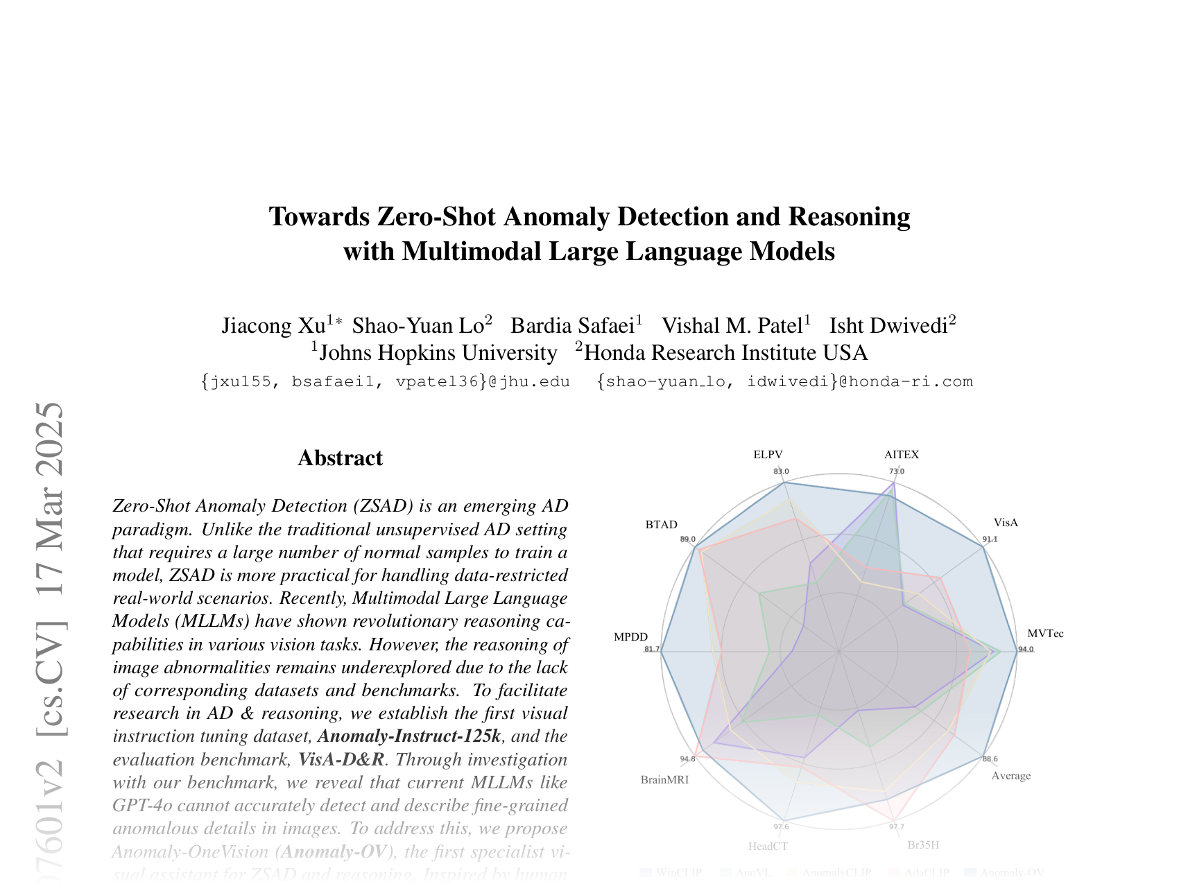 [Towards Zero-Shot Anomaly Detection and Reasoning with Multimodal Large Language Models 🔗](https://arxiv.org/abs/2502.07601)