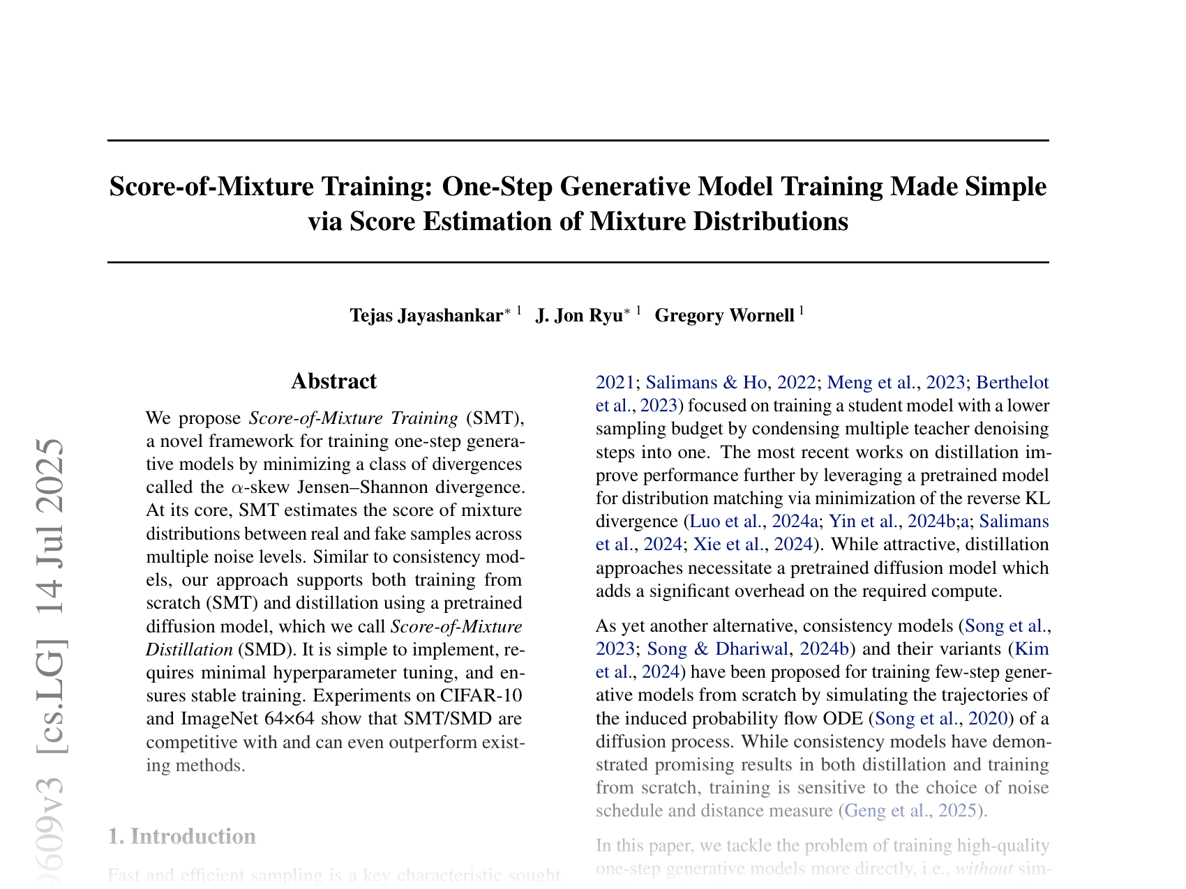 [Score-of-Mixture Training: One-Step Generative Model Training Made Simple via Score Estimation of Mixture Distributions 🔗](https://arxiv.org/abs/2502.09609)