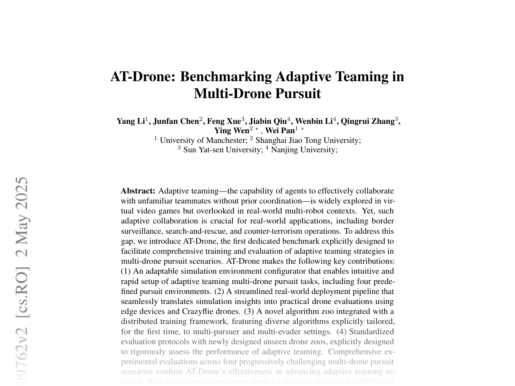 [AT-Drone: Benchmarking Adaptive Teaming in Multi-Drone Pursuit 🔗](https://arxiv.org/abs/2502.09762)