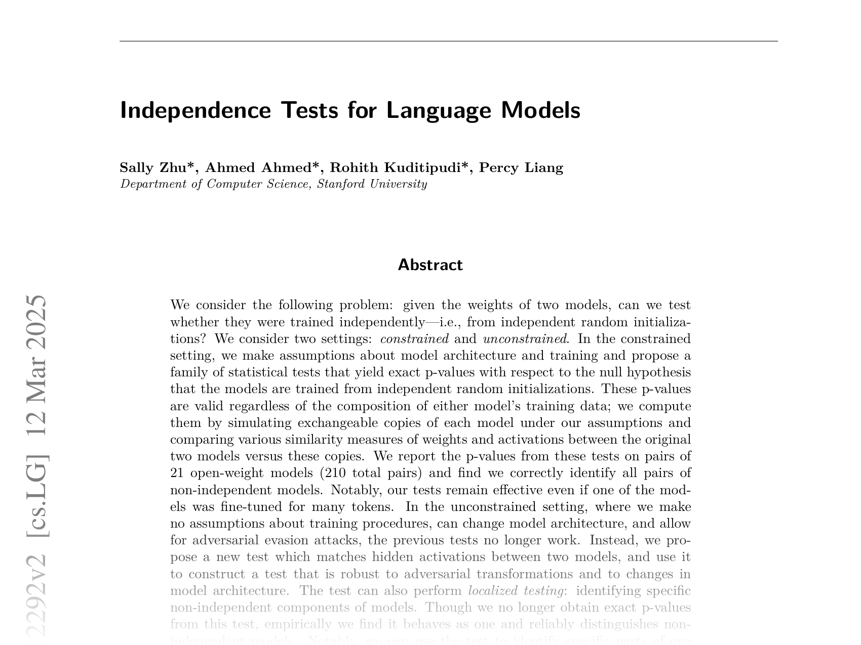 [Independence Tests for Language Models 🔗](https://arxiv.org/abs/2502.12292)